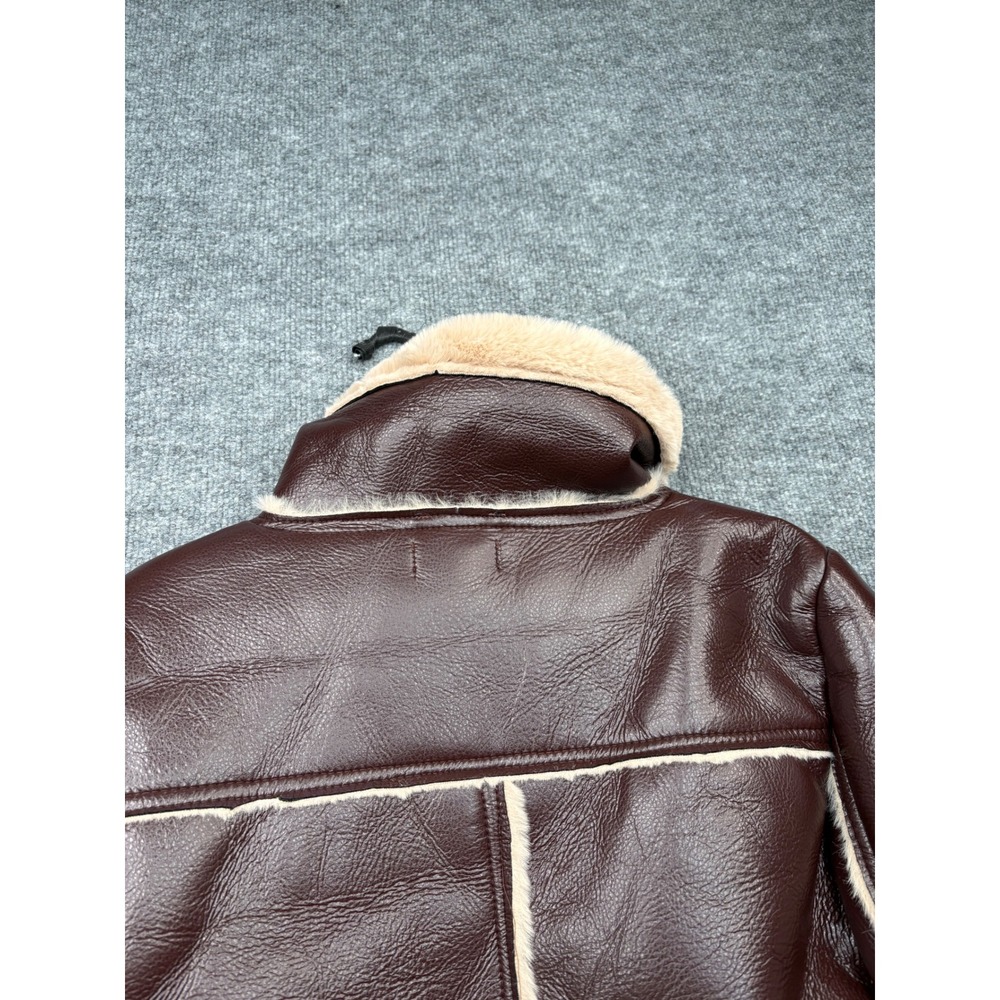 36points Womens Small Burgundy Faux Leather Aviator Bomber Jacket Faux Fur Trim - Picture 10 of 16